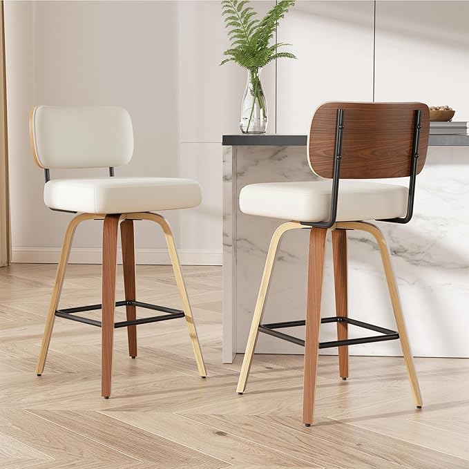 Swivel Bar Stools Set of 2, 26" Upholstered Faux Leather Counter Height Barstools with Walnut Back & Bentwood Legs, Mid Century Modern Bar Chairs Island Stools for Kitchen Counter, Cream White