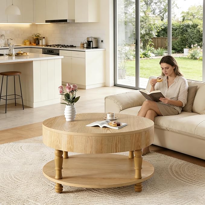 31.5" Round Coffee Table with Storage, 2 Tier Modern Center Table, Adjustable Leveling Feet, Easy Assembly, Wood Coffee Table for Living Room, Apartment, Small Space. (Natural Wood)