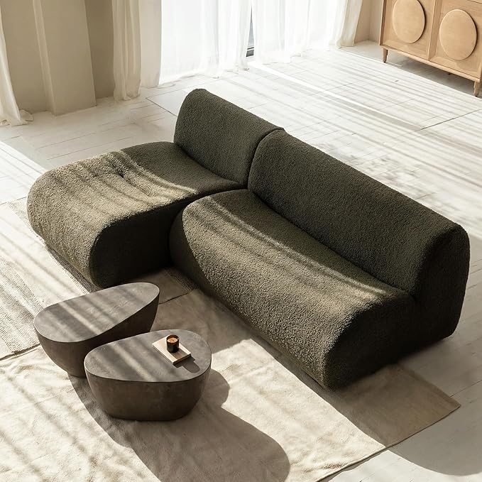 92" Modular Sectional Couch, Boneless 3 Seater Sofa with Chaise Set, Reversible L-Shaped Couches with Deep Seat, Green Curved Sherpa Sofas for Small Living Room, Bedroom, Apartment– No Assembly