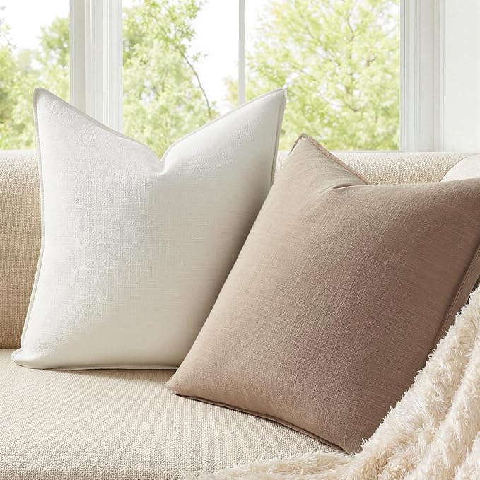 Natural Throw Pillow Covers with Press Edge Design Pack of 4 Solid Linen Decorative Pillow Covers Soft Accent Boho Pillowcases Modern for Couch Bed Living Room Balcony and Car 16x16 Inch