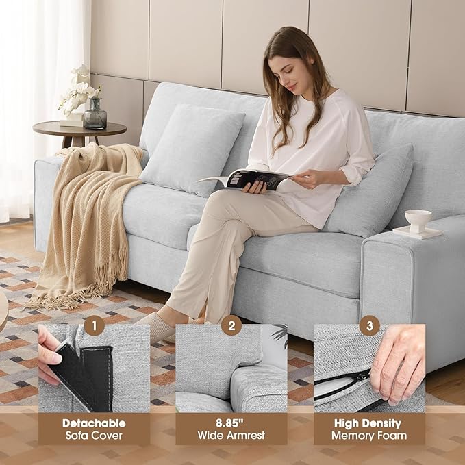 DOPEDIO Modern Living Room Sofa Set, 88.58" Chenille Loveseat with 2 Accent Chairs, Removable Covers, Spring Cushions, Solid Wood Frame, Easy Assembly（88.58inch+2 Single,Light Gray）