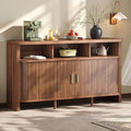 IRONCK 55" Sideboard Buffet Cabinet with Storage, Fluted Credenza with Sliding Door & Open Shelf, Mid Century Modern Accent Coffee Bar Console Table for Kitchen, Living Room, Entryway, Walnut