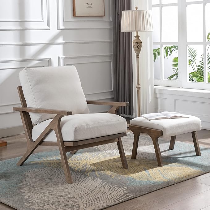 chairus Mid-Century Modern White Linen Accent Chairs with Ottomans Set of 2, Comfy Upholstered Lounge Armchairs with Solid Wood Frame, Fabric Reading Chairs for Living Room Bedroom Office