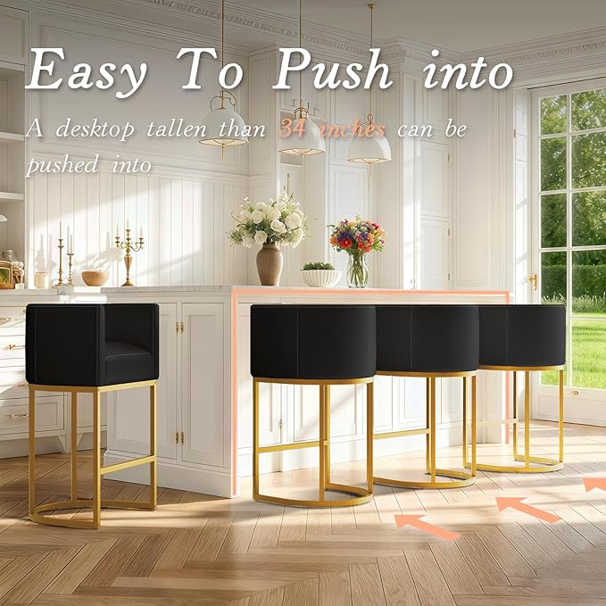 24" Modern Counter Height Bar Stools,PU Leather Upholstered Barrel Barstools with Backs,Island Chairs Bar Stools Set of 1,Metal Gold Frames Ink Black Leather