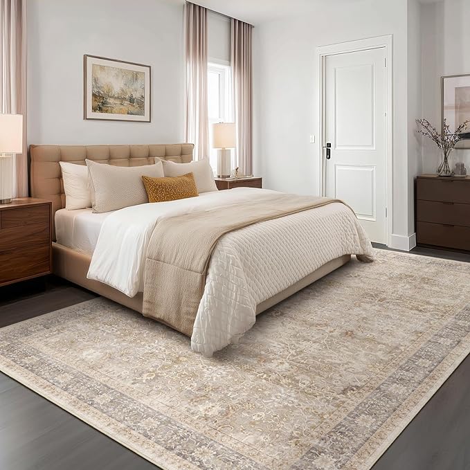 Vintage Neutral 7x9 Rugs for Bedroom, Washable Non Slip Low Pile Thin Area Rug for Living Room Dining Room, Farmhouse Carpet Rug for Playroom Guest Room Home Office, Earth Tone Beige Taupe