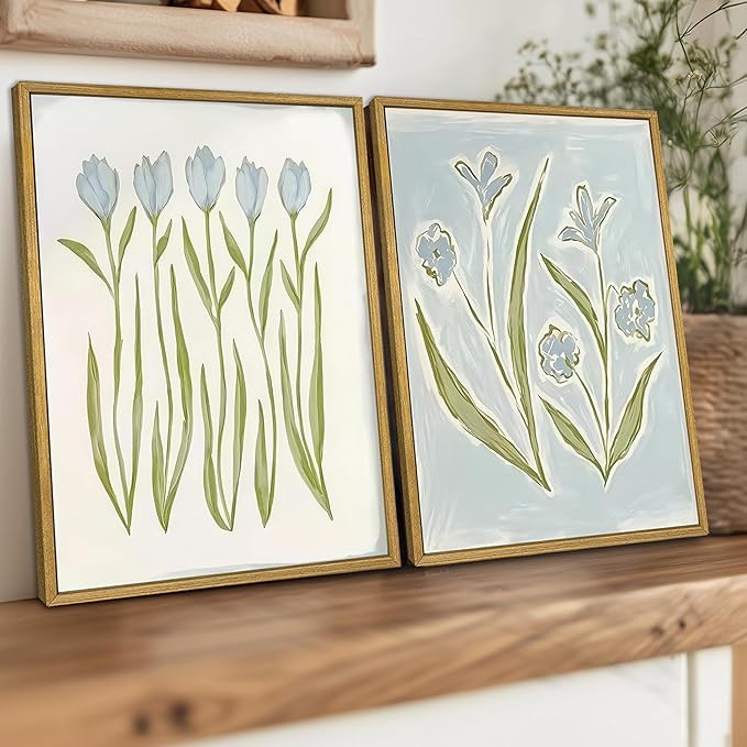 Blue Tulip Flower Wall Art Set of 2, Watercolor Floral Preppy Canvas Poster Prints, Modern Botanical Painting Aesthetic Picture for Living Room Bedroom Bathroom Apartment Wall Decor 16x24 Inch Framed