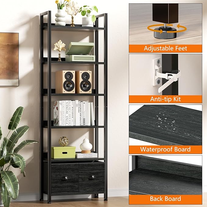 Furologee 6-Tier Bookshelf Set of 2, Tall Bookcase with 2 Drawers and Shelves, Industrial Display Free Standing Shelf Units, Storage Rack Organizer for Bedroom, Living Room, Home Office, Black Oak