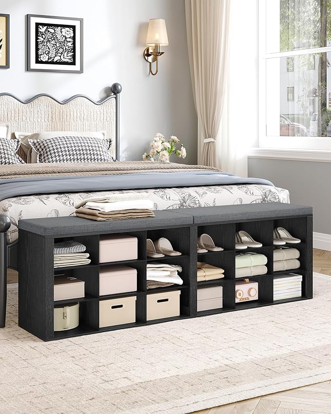 Hzuaneri Shoe Storage Bench with Cushion, Entryway Storage Bench with 18 Cubbies, 9.5" Widened Organizer Cabinet, Long Cubby Rack for Living Room, Bedroom, Entryway, Black SB25704GY