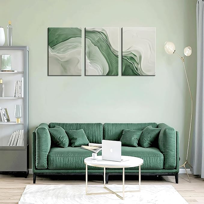 3Pcs Minimalist Green Abstract Canvas Wall Art Modern Neutral Wall Decor Pictures Green White Textured Posters Prints for Living Room Bedroom Home Decoration 16x24in