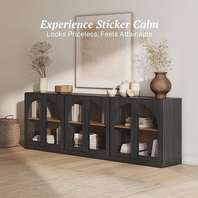 BELLEZE Bijou Set of 3 Modular Sideboard Cabinets (94.5" Extra Long) - 6-Door Media Console TV Stand for 85+ Inch TV - Modern Arched Glass Buffet Credenza for Large Dining Room & Living Area- Ebony