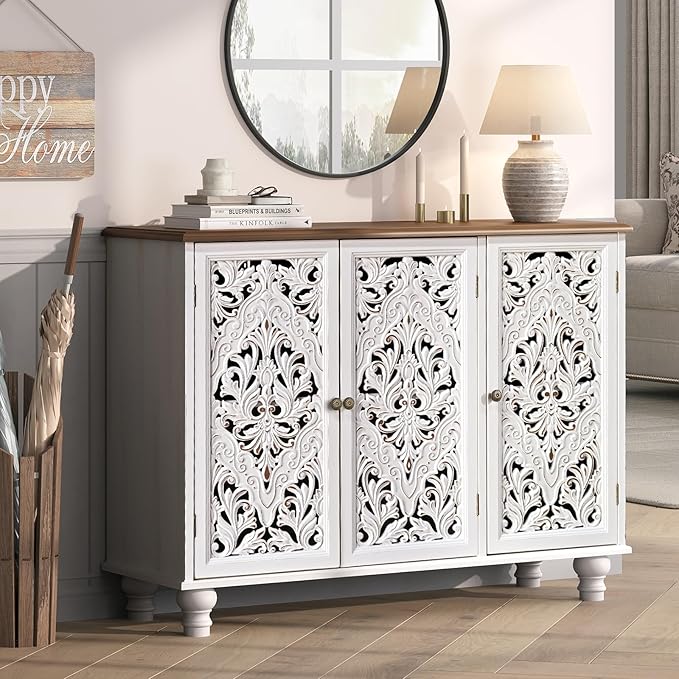 JOINICE 43" Accent Cabinet with 3 Carved Doors, White Farmhouse Buffet Cabinet with Storage & Solid Wood Legs, Boho Sideboard Console Table for Living Room, Entryway, Dining Room, Coffee Bar