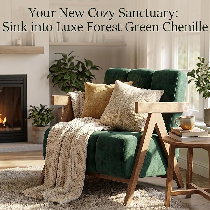 Modern Accent Chair for Living Room Bedroom,Comfy Chenille Reading Chair with Wood Frame,Oversized Upholstered Lounge Armchair with Thick High-Elastic Sponge for Apartment & Waiting Room (Green,1)