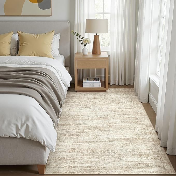 cotiled Large Area Rugs for Living Room, Machine Washable Rugs with Non Slip Backing Modern Neutral Abstract Rugs Stain Resistant Distressed Carpets for Home Office Decor (4x6 Beige/Brown)