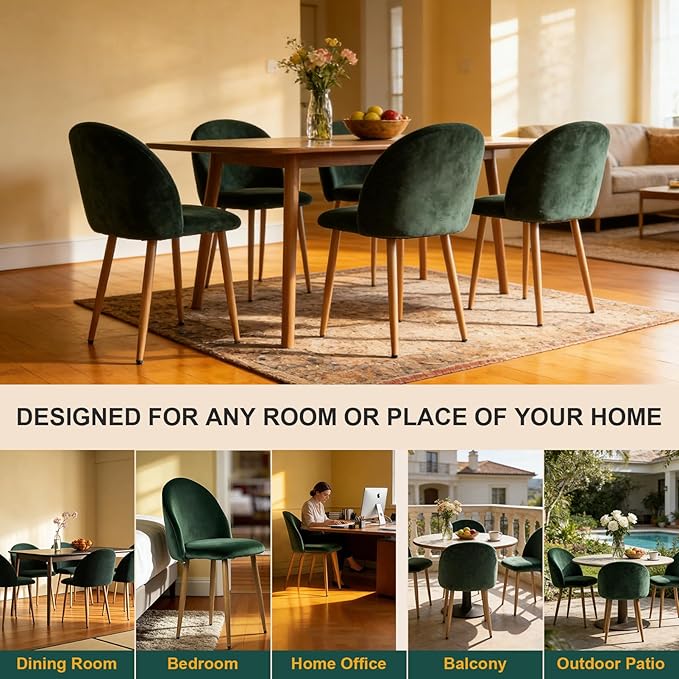 Dining Chairs Set of 2, Velvet Comfortable Seats, Mid-Century Modern Living Room Chairs, Upholstered Kitchen Chairs with Wooden Legs and Padded Seat for Bedroom Office Easy Assembly, Green