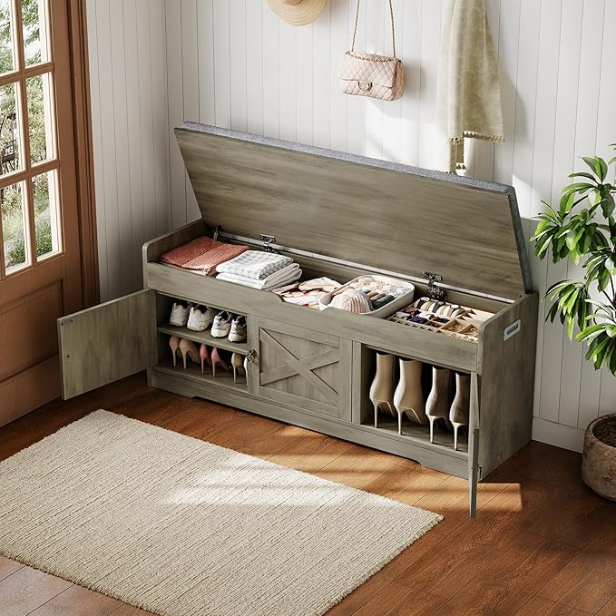 Farmhouse Shoe Storage Bench with Cushion Seat, 3-Tier Entryway Bench with Lift Top Storage and Adjustable Shelf, Bench for Hallway, Bedroom, Grey