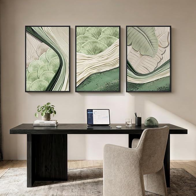 Framed Green Abstract Wall Art Bedroom, 3 Piece Botanical Modern Minimalist Canvas Print Artwork for Walls, Leaf Paintings Pictures for Small Living Room Dining Room Office Wall Art Decor, 16x24 Inch