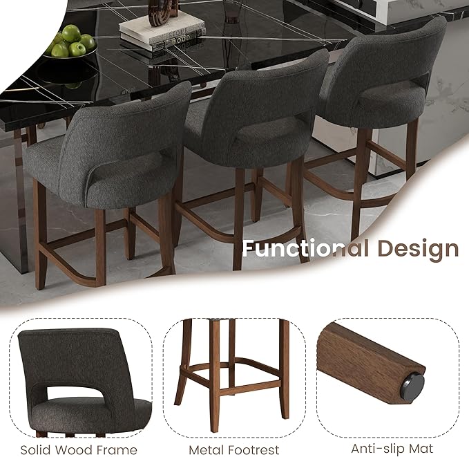 VKNOW Bar Stools Set of 2, 26" Upholstered Counter Height Bar Stools, Modern Counter Stools with Wood Legs for Kitchen Island Dining Room Bar, Charcoal