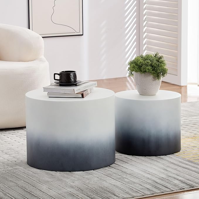 WILLIAMSPACE 18.9" Gradient Color Nesting Coffee Table Set of 2 for Living Room, Modern Round Coffee Tables Accent Circle Tea Table Set for Small Space, No Assembling, White + Blue