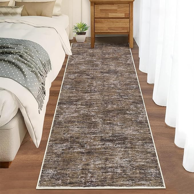 RUGSREAL 2x6 Runner Rug Washable Kitchen Runner Rug Modern Abstract Runner Mat for Hallway Contemporary Solid Rug Non-Slip Foldable Aesthetic Accent Floor Carpet for Living Room Bedroom, Brown