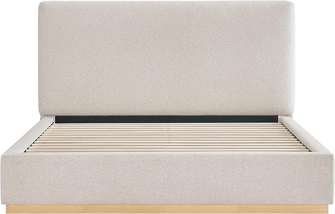 KISLOT Upholstered Queen Size Bed Frame, Boucle Fabric Platform Bed Mattress Foundation Noise-Free No Box Spring Needed Easy Assembly