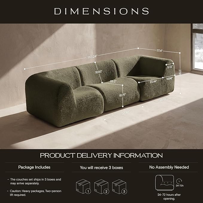 110" 3-Seater Modular Sectional Sofa, Sherpa Cloud Couch with Deep Seat Comfort, Boneless Curved Sofas with High-Density Foam Strong Support, Modern Cozy Sofa for Living Room – No Assembly, Green