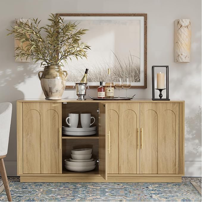 FORTUNETEC Sideboard Buffet Cabinet with Storage, Modern Accent Cabinet with Arched Doors, Boho Modular Media Console, 67" Large Minimalist Credenza for Living Room Kitchen Dining Room Entryway, Oak
