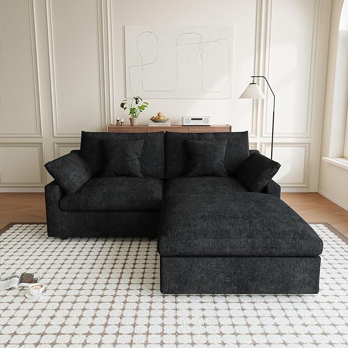 Modular Sectional Sofa Cloud Couch, 82.68" Loveseat Sofa with Chaise Ottoman, Linen Blend Fabric Minimalist Deep Seat Couches for Apartment Small Space, Sofa Covers Washable&Removable, Black