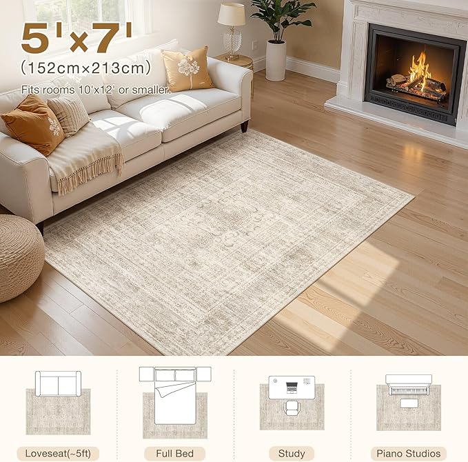 Nakagishi 5x7 Area Rugs Living Room: Washable Large Vintage Rug Neutral Non-Slip Soft Stain Resistant Indoor Carpet for Bedroom Nursery Dining Room Office Playroom - Beige Gray