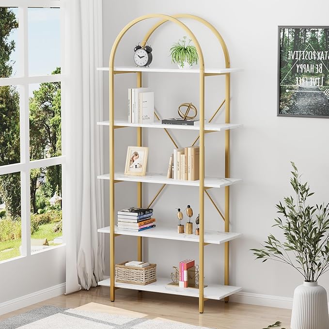 Arbuxzuy Arched Bookshelf 5 Tier Book Shelf, 31.5 Inch Width Industrial Arch Bookcase, Curved Tall Bookshelf with Open Shelves for Home Office, Living Room, Bedroom, Gold