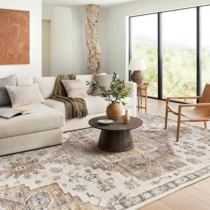 befbee 5x7 Area Rugs for Living Room, Stain Resistant Neutral Washable Rugs for Dining Rooms, Floral Vintage Non-Slip Thin Large Size Area Rug(Brown)