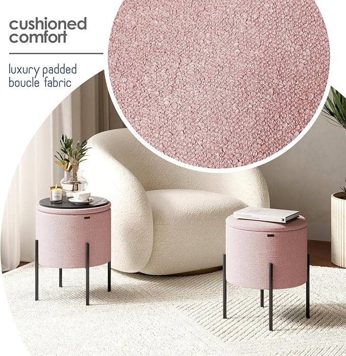 STORAGEBUD Round Ottoman with Storage, Boucle Storage Ottoman, Foot Stool Ottoman, Makeup Vanity Stool, Small Ottomans Foot Rest, Modern Ottomans for Living Room and Bedroom, Pink