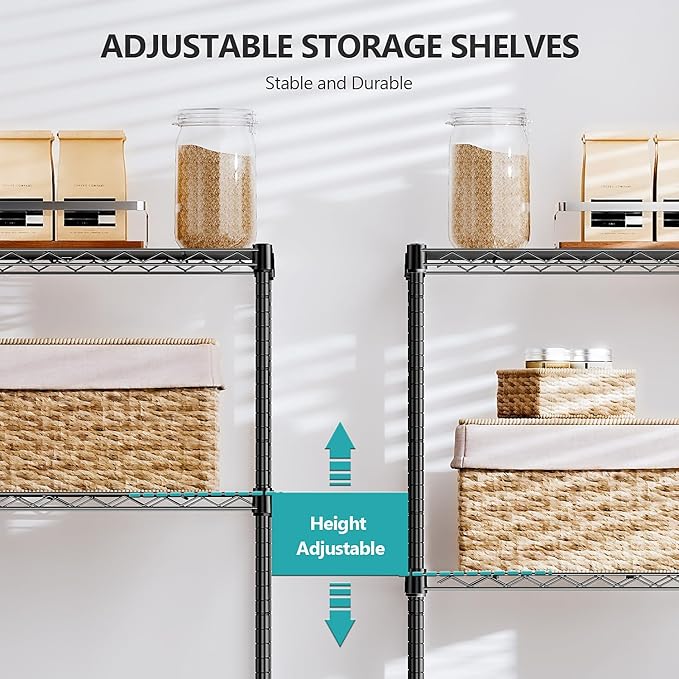 IZEUK 5-Tier Black Metal Storage Shelves, Adjustable Wire Shelving Unit for Kitchen, Bathroom, Pantry, Office, Garage, Organizer Wire Rack, 1250 lbs, 13.7" D x 23.6" W x 63" H