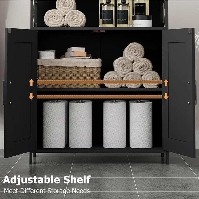 Homhedy Farmhouse Bathroom Storage Cabinet with 2 Doors, Toilet Paper Cabinet with Adjustable Shelves, Small Bathroom Cabinet for Kitchen/Laundry/Living Room, 11.8 x 23.6 x 31.5 Inches, Black