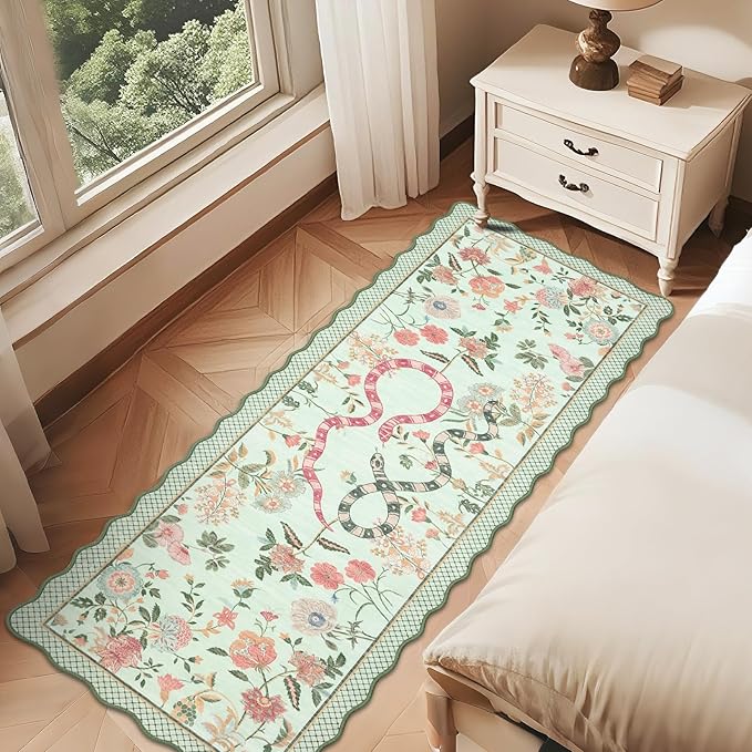 Garvee Washable Runner Snake Scalloped Rug 2x6 Runner Rugs for Hallway, Non-Slip Stain-Resistant Kitchen Runners, Soft Low Pile Non Shedding Carpet for Laundry Entryway Bedroom Bathroom,Green