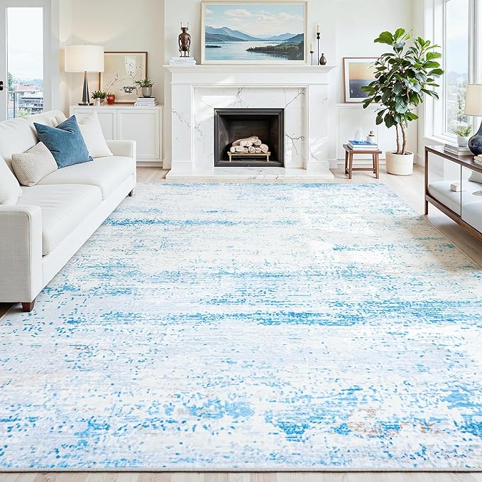 5x7 Area Rugs Washable Rug:Anti-Skid Abstract Modern Living Room Rug Soft Thin Carpets Indoor Floor Non-Shedding Carpet for Bedroom Dining Farmhouse Nursery Home Office(Light Blue/White/Beige, 5x7)