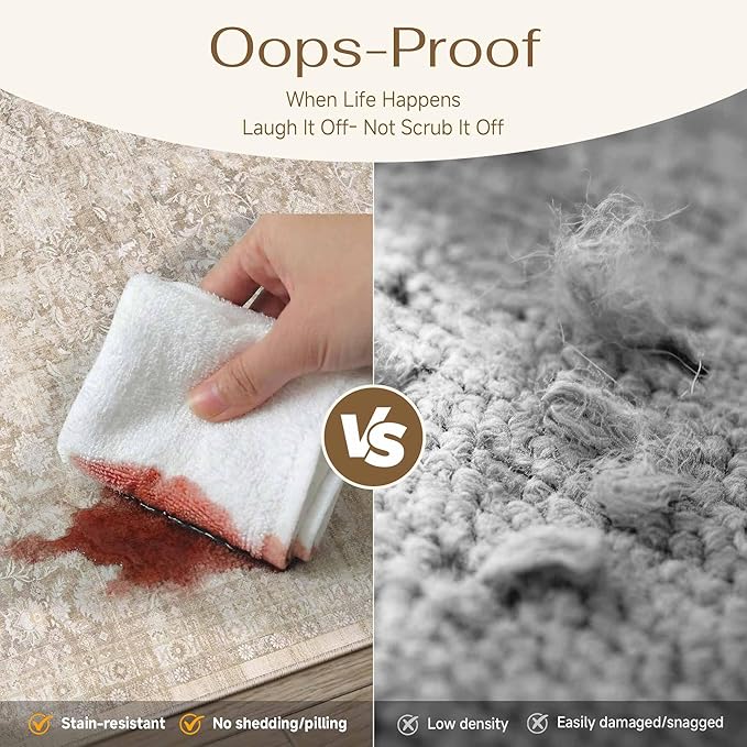 3x8 Beige Washable Neutral Runner Rug for Living Room Floral Non Slip Low Pile Runner Indoor Vintage Traditional Stain Resistant Distressed Carpet Kitchen Bedroom Dining Room Hallway Bathroom