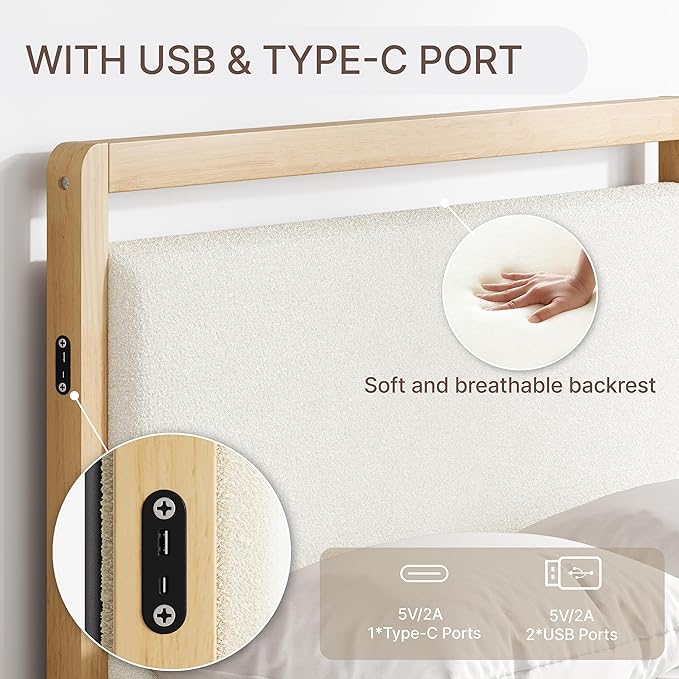 KISLOT Wood Bed Frame with Headboard and Footboard, Mattress Foundation with USB Charging Strong Wooden Slat Support Noise-Free Easy Assembly No Box Spring Needed