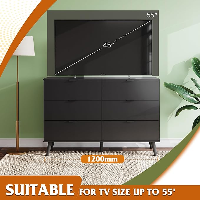 WLIVE Black Dresser for Bedroom, 47'' Wide 6 Drawer Wooden Chest of Drawers, Modern Dresser Storage Organizer, TV Stand for 55 inch TV, for Living Room, Hallway, Closet