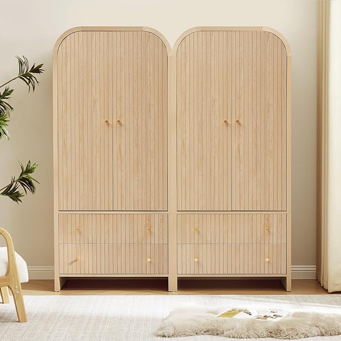 LEVNARY Arched Armoire Wardrobe Closet, Mid-Century Modern 2-Door Freestanding Wardrobe with Hanging Rod and 2 Drawers, Fluted Carved Clothing Storage Cabinet for Bedroom (Natural)