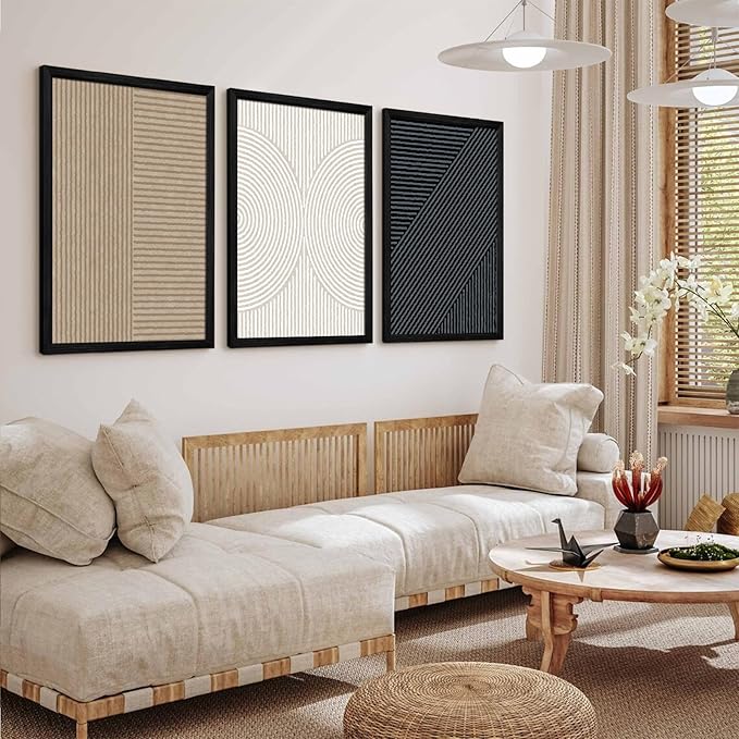 Modern Abstract Pictures Wall Art Boho Neutral Canvas Wall Art Minimalist Line Wall Decor Beige Black Brown Artwork Abstract Modern Painting Prints for Living Room Bedroom 12x16x3 Inch Wood Framed