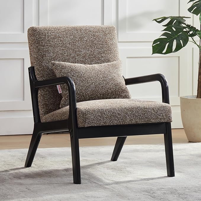 Achicsofar Accent Chair Mid Century Modern Armchair with Lumbar Support Pillow Wood Legs PU Leather Upholstered Lounge Chairs Comfy High Back Cushion for Living Room Bedroom