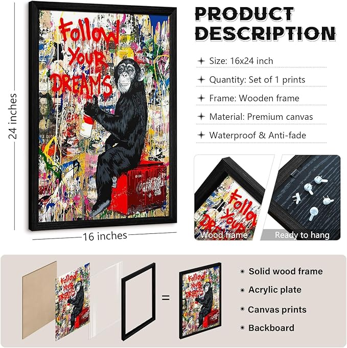 Banksy Canvas Wall Art Monkey Follow Your Dreams Street Graffiti Wall Art Banksy Prints Gorilla Poster Monkey Artwork Graffiti Pictures Painting for Home Living Room Decor 16x24 Inch Black Framed