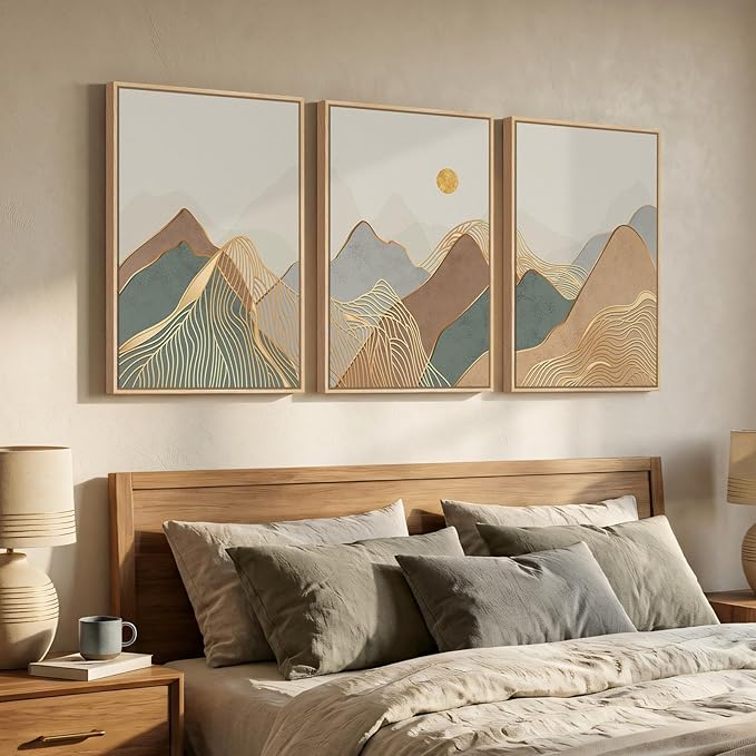 Framed Boho Abstract Mountain Wall Art for Living Room, 3 Piece Modern Nature Landscape Canvas Artwork for Bedroom Walls, Sunset Minimalist Scenic Prints Wall Decor for Hallway Home Office, 16x24 Inch