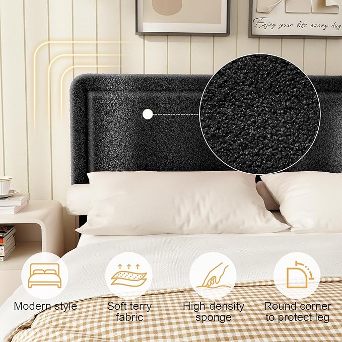 WEUP Queen Size Boucle Bed Frame, Upholstered Cloud Bed Frame with Adjustable Headboard, Soft Rounded Corners, No Box Spring Required, Easy Assembly, Black