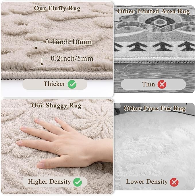 Vaukki 2x8 Runner Rug for Living Room, Soft Fluffy Washable Modern Floral Indoor Floor Mat, Non Slip Shaggy Boho Accent Throw Carpet for Bedroom, Living Room, Nursery and Dining Room, Beige