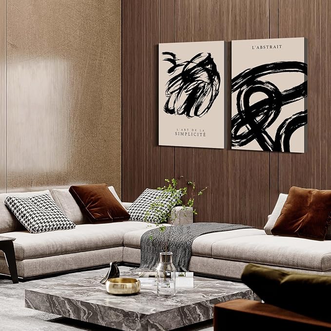 2 Framed Simple Black and White Canvas Wall Art Abstract Prints Modern Gallery Style Posters for Bedroom Living Room Bathroom Office Canvas Decor 24x16 Inch