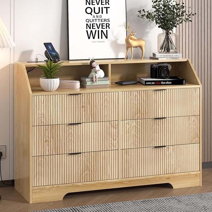 Fluted Dresser for Closet, Boho Bedroom 6 Drawer Dresser TV Stand with Charging Station, Oak Wide Chest of Drawers, Farmhouse Wood Closet Clothes Storage for Living Room, Metal Handle, 47"