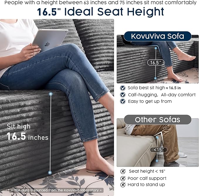 Grey Sectional Couch with Ottoman, 108" Cloud Modular Couch for Living Room, Modern U-Shaped Sofa, No Assembly Required - Plush Corduroy Fabric & Deep Seat Comfort (Left Facing Chaise)