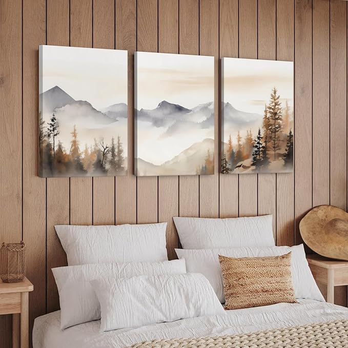 Neutral Mountain Wall Art Decor Set of 3 Forest Canvas Wall Art Poster Landscape Wall Art Artwork Modern Pictures Abstract Painting Watercolor Prints for Living Room Bedroom 24x36 Inch Wrapped Canvas