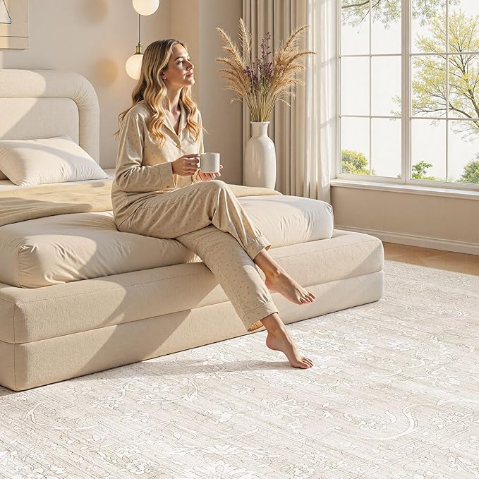 8x10 Area Rug Living Room: Washable Large Vintage Grey Rug Neutral Non-Slip Soft Stain Resistant Indoor Carpet for Bedroom Nursery Dining Room Under Table Bed Home House Office Playroom - Beige White